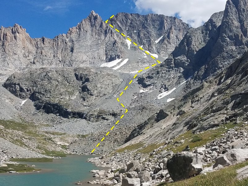 West Face of Gannet peak with route shown as seen from skinny lake