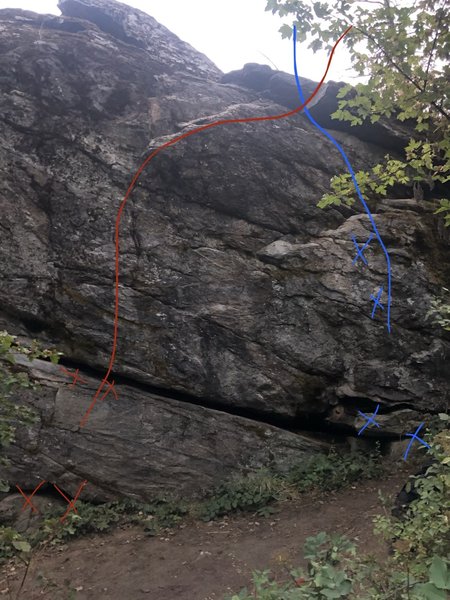 Variations of U-Turn <br>
Red: Starts with hands and feet in crack and skips the traverse. Slightly harder due to a slight overhang of the start. <br>
Blue: A short piece using hold to the right of U-Turn and going straight for the top out.
