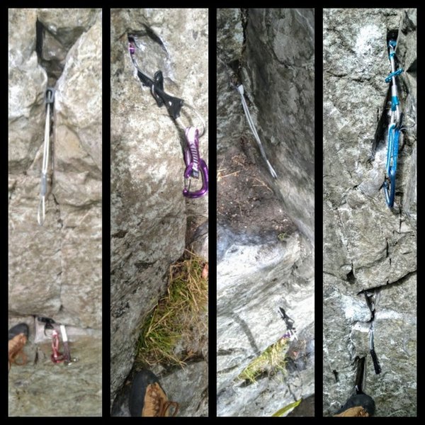 How to sew this up- bottom to top (left to right in photo): #1 cam and/or 1.5 tricam,#7 DMM wallnut, .5 cam, #3 DMM wallnut, .25 tricam in passive mode, .3 zero friend. Another nut possible above.
<br>
new to trad and figured I'd share. Offset nuts would help