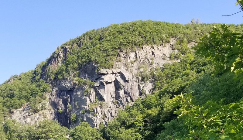 View from atop the 4th class scramble far above the Mooring Line Descent Route in the Cove Overlook