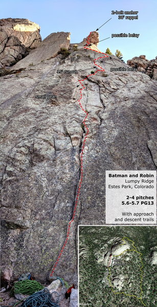 A topo for Batman and Robin. Variation in pitches and grades reflects community opinions. Additional descent routes not pictured.
<br>
<br>
Photo by Tim Meehan, inset from Google Earth (www.google.com/help/terms_maps/).