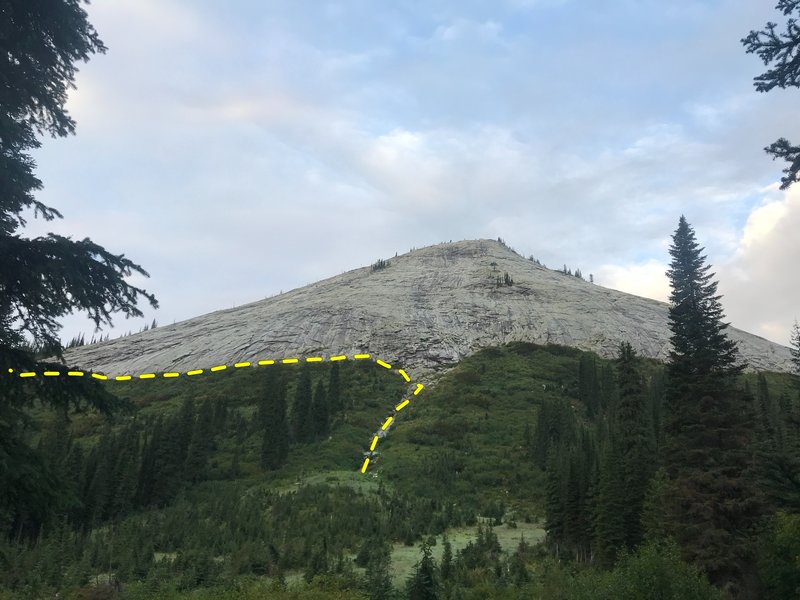 View from the turnoff to begin the day. Climbers trail follows the streambed and left to the 3rd class slabs.
