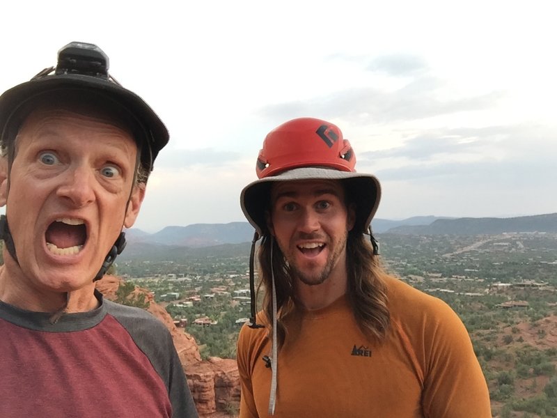 On top of the lumpy, spire-like feature and happy to have survived a bold, 5.7 FA. Great views of Sedona. A cool place to just hang out after a long day of soaking up vortex energy.
