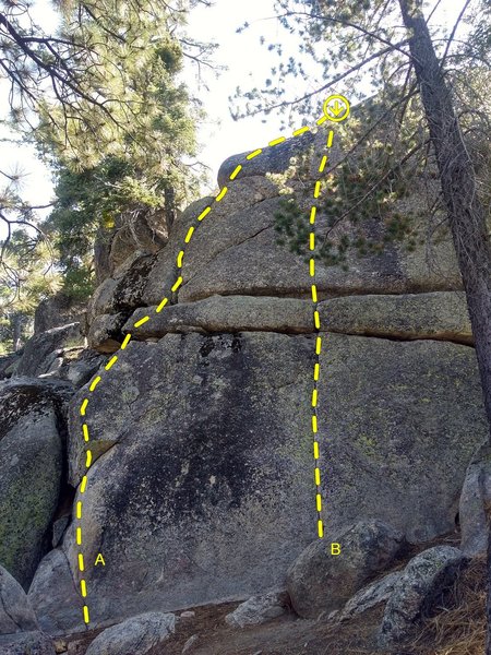 Left side of Three Fishes Rock, Fisherman's Buttress Area
<br>
<br>
A. Fisherman's Friend (5.10c)
<br>
B. Three Fishes (5.10c)
