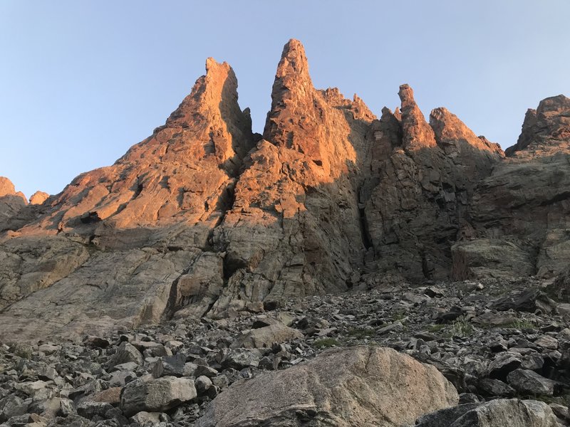 Early light on the South Face of the Petit Grepon.