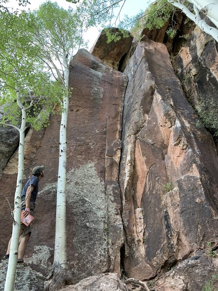 Generations (5.8). Hand Prints (5.10+) is the bolted arete to the right. The climbs share the same anchors.