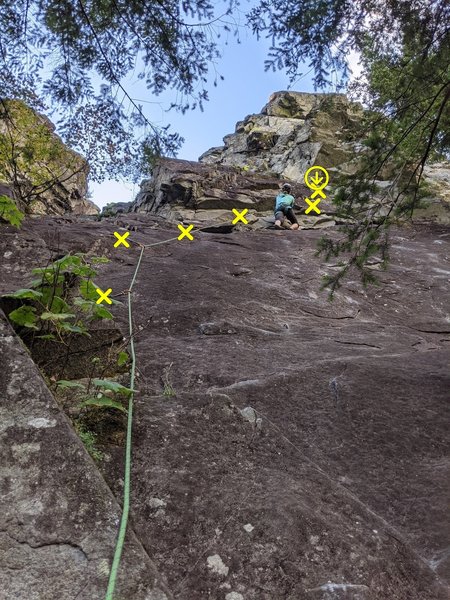The route looks slabby but it's actually juggy. Then it traverses right for a couple bolts (pretty good hands) and then up.