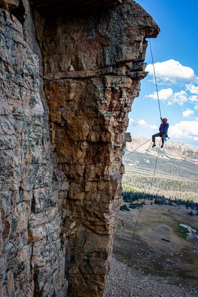 Ian rapping off the route. Rapping is the best descent since the rope drag is pretty bad over the lip up top. Use a 70M!