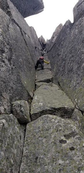 Crux is to climb these parallel cracks and exit the gully. We took climber's right.