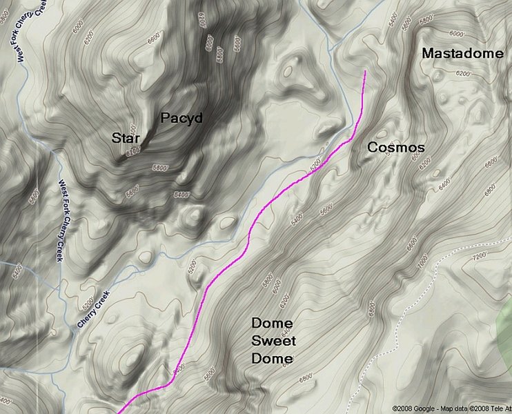 Cherry Creek Canyon - way trail detail near domes. Adapted from google maps.