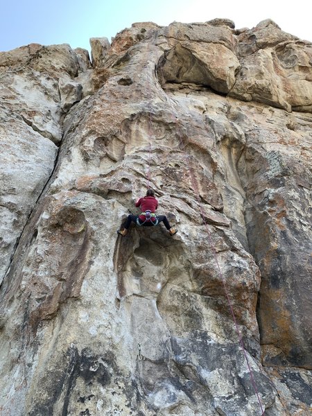 Deb stemming through the lower crux.