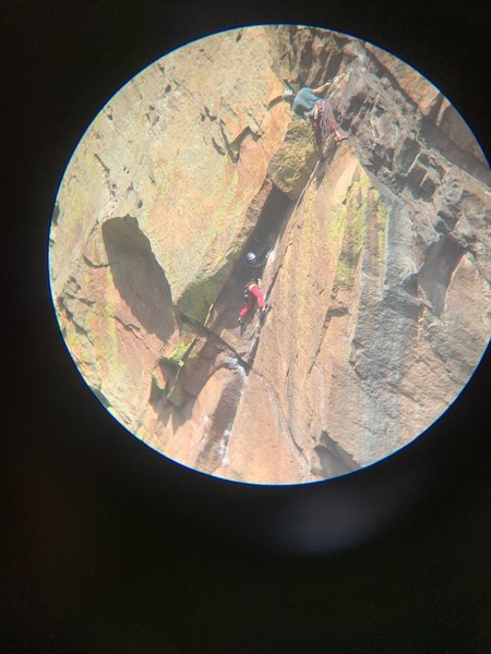 Unknown climbers on the chimney pitch of Naked Edge.<br>
<br>
Photo taken on 8/31/2020 from one of those telescopes on the Fowler Trail. They looked liked they were having a blast - lots of smiles.