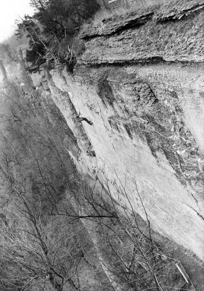 George Prehmus on dulfersitz rappel at Thacher in 1950. Rappelling from the clip top is no longer allowed at Thacher. With permission from Cis Prehmus.