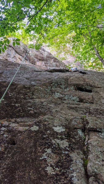 Pete top roping the route.. He just past the 2nd bolt onto the first head wall.
