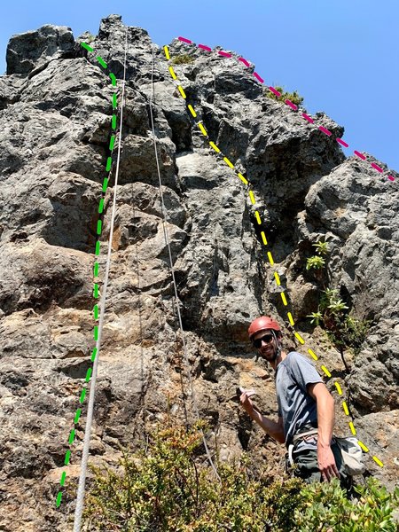 West face of northern formation. From left to right: Equinox (green, 5.8), Grovel Groove (yellow, 5.6), East Ridge (red, 5.7)
