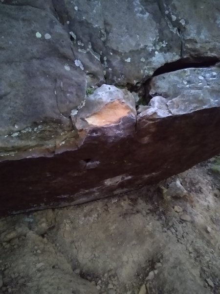 Large chunk of rock where you go to the lip for orange crush has been broken off. Found on August 22nd, 2020. Found the broken chunk of rock and will discuss whether to reglue or not.