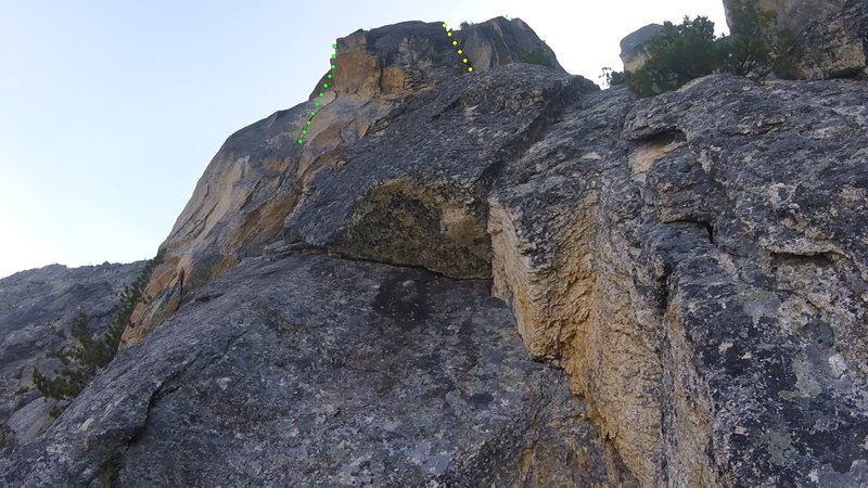 Splitter crack on left, chimney variation on right. Both join up after about 15m of climbing for more fun hand and finger cracks
