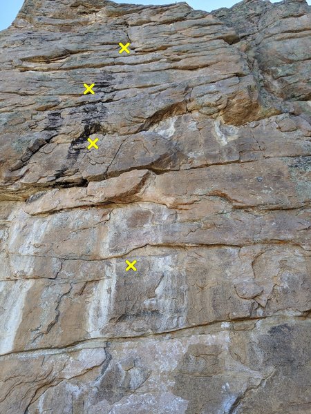 This shows the first four bolts. I found the description of "the hard to clip second bolt" to be untrue. I found huge jugs to hang on when clipping and found it quite easy, I wonder if this route has changed?