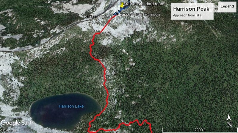 Approach to Harrison Peak.  Climbers trail starts at Harrison lake