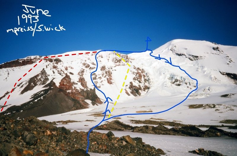 ascent and descent in blue, red is west face of the north ridge in Beckey's guide and yellow is stormy monday couloir