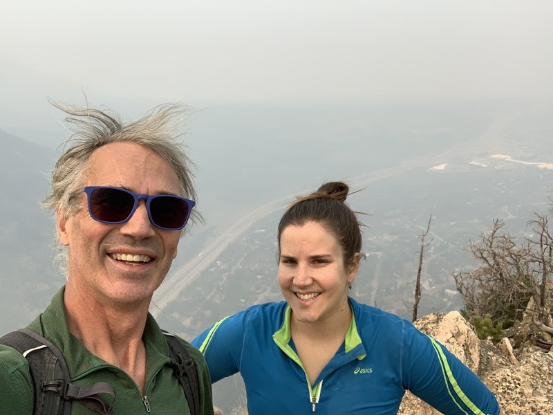 On the summit after a father/daughter ascent. Wildfire smoke from out West filled in the I-70 corridor, making it hard to breathe. The following day saw up to a foot of snow fall and temps dropped some 60 degrees.