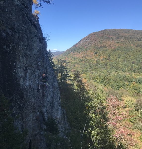 Upper half of Trespassing 5.10a, Upper West, Bolton VT. Photo Credit