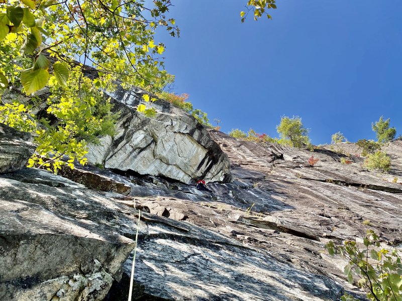 Dustin at the first pitch crux
