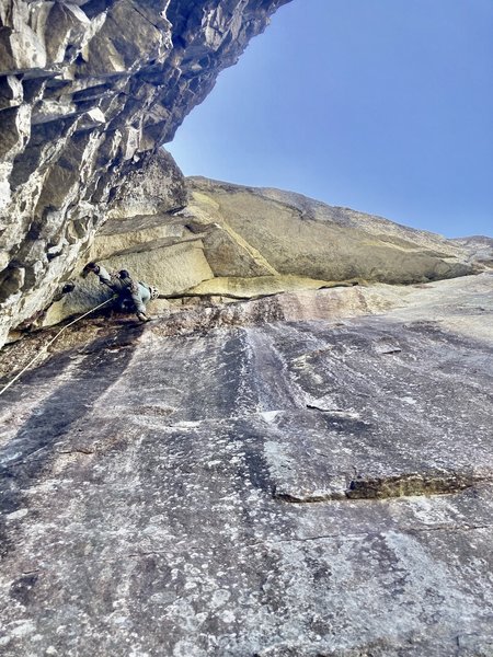 Starting the wild traverse out the roof