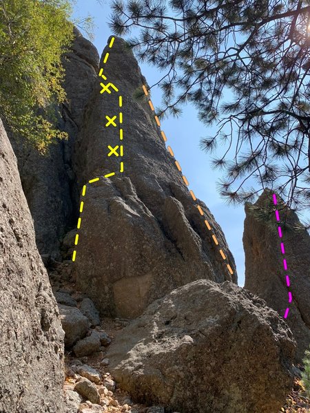 Looking east at Under Exposure (yellow line) and Over Exposure (pink line) and the small pinnacle (purple line is Unknown Pinnacle Route 2) from near the base of Four Little Fishies.