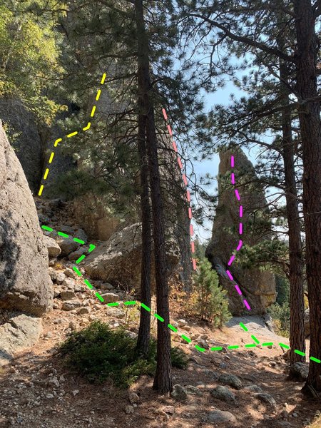 Looking east at (L-R): base of Four Little Fishies, Under Exposure (yellow line), Over Exposure (pink line) and small pinnacle (purple line is Unknown Pinnacle Route 2). Trail from the road  (green line) comes up into the right side of the photo.
