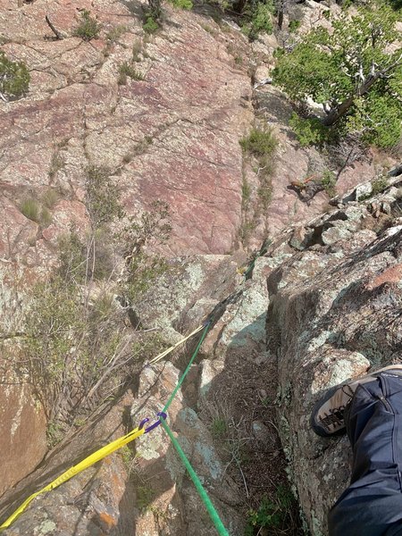 A view down P3 from just below the small intermediate pine (Rollie on belay below).