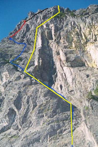 Winter variation East face Tooth in blue(crux pitch in red), yellow is East face summer route