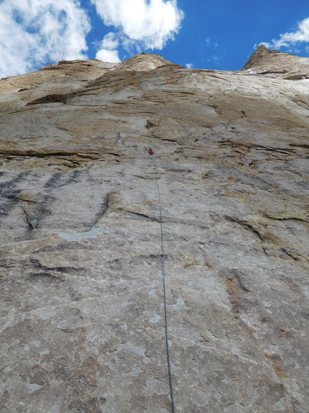 Donette Swain at the belay anchor at the top of pitch 1 (5.9) of the Frolicking Yak.