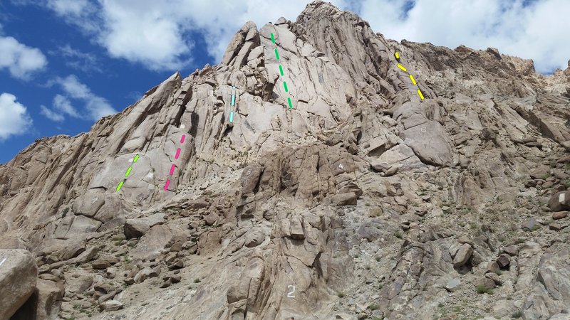 The Shey climbing area as viewed from near the parking.
<br>
<br>
The lime green line is Hiram Crack (5.9), the red line is 2ABC (5.10b) the blue line is Push Pull Pray, the green line is Shey Direct and the yellow line is Shey it Aint So (5.8-).