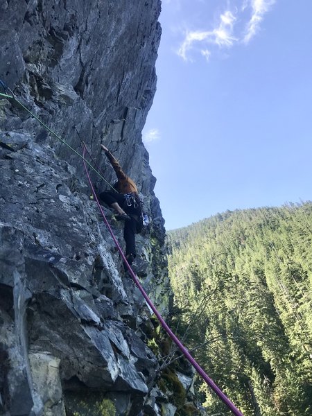 Tom Beirne sends the intimidating traverse.