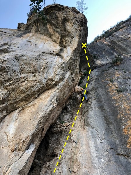 Route follows the right side of the dihedral up until the roof. Climb through the roof using the underclings to overhanging chains.