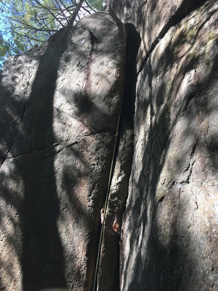 it's possible to set up a nice TR from a large tree on the second ledge which keeps the rope directly above the crack