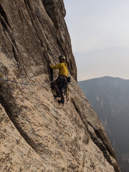 Gavin leading out pitch 7 to the El Cap Arms Bivy