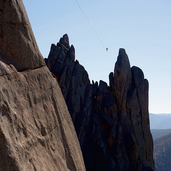 December 9 ,2018 first ascent between Block Tower & Cynical Pinnacle via slackline. JCOS - FHRC approval & no real interference with climbing. Rigged rarely. Beautiful line!