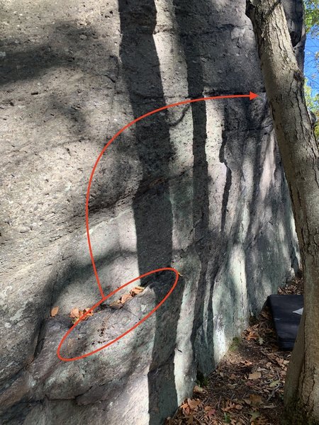 This is the first half of the route. Start on the big circled ledge, and then traverse right on the thin horizontal crack.