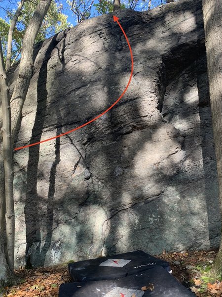 This is the second half of the route. Continue traversing the crack until just before the huge divot, and then go up.