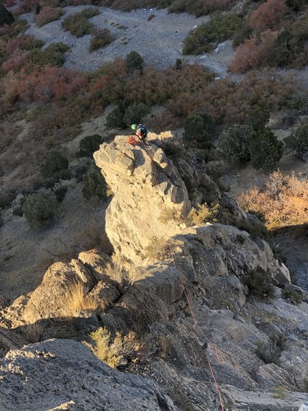 Looking down at the top of the Pitch 1 buttress from a little ways up Pitch 2.