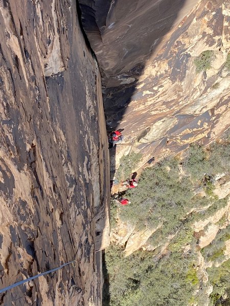 Mike Nelson leading crux start of Dauntless Dihedral on FA