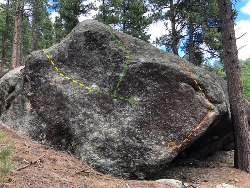 Photo of routes on the south face. Shows main problem and harder variation. Also includes the arête which looks good but isn't as good kind of awkward until the upper portion