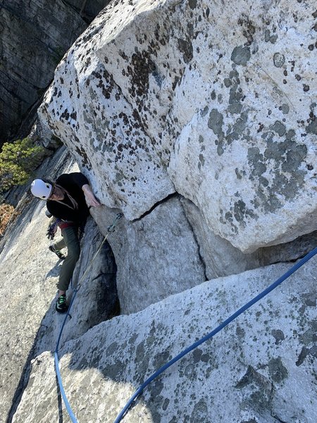 fun moves on perfect rock exiting the P2 traverse