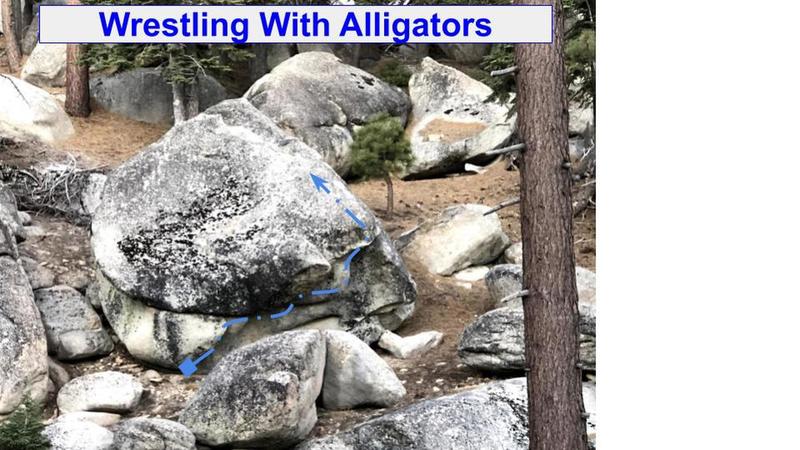 Wrestling With Alligators is another awesome, super fun problem in the creek area, located low on the hill slightly north west of the Bed Wetter boulder. FA Joe DeLuca