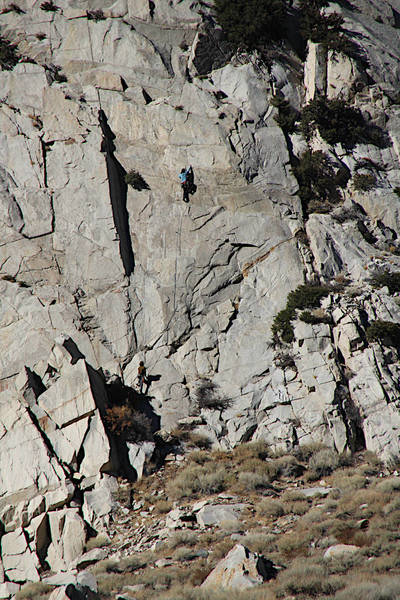It's pretty rare to drive by one's route in mid-November, just as someone is climbing it.  Unknown climber at the first crux of 'Stand Up And Deliver'