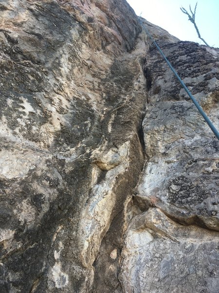 The upper crack section after cleaning out the vegetation.  Looks a bit grungy but climbs like a dream! You can get a hand jam, finger lock and fist jam before hitting the easy chert slab.