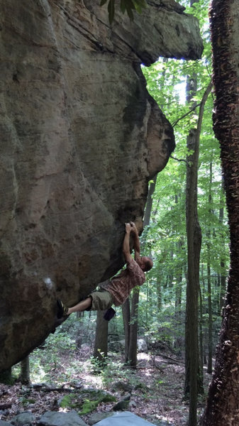 Ray Weber on an early ascent of "Outshined" V5! Maybe early 2000s or so? Maybe 1994? Who cares great climb! I originally thought it was V4...it is Coopers Rock!