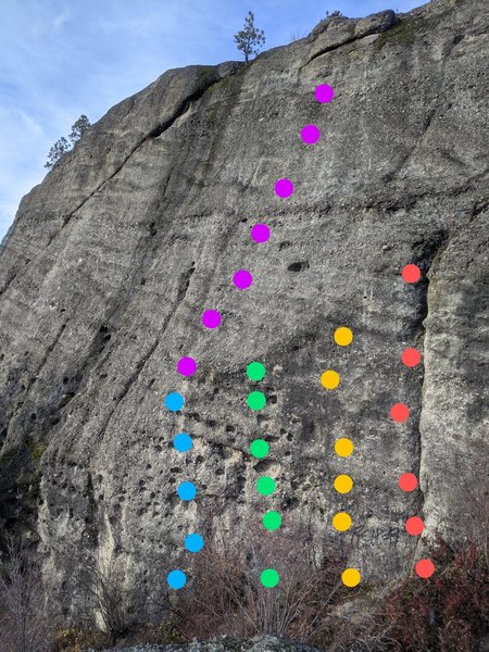 Blue - Core 5.8
<br>
Purple- Don't let friends climb slab 5.6
<br>
Green - My buddy the poser 5.7
<br>
Yellow - life's a shipping cart 5.11c
<br>
Red - tried to be read 5.10d